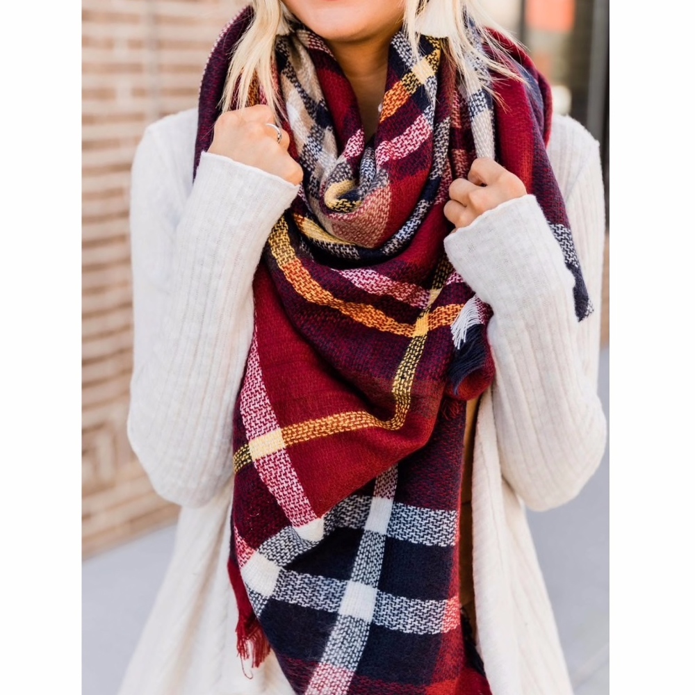 Cozy tartan red plaid fall blanket scarf casual